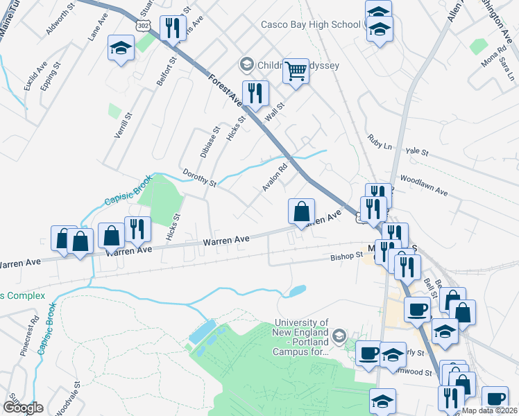 map of restaurants, bars, coffee shops, grocery stores, and more near 92 Avalon Road in Portland