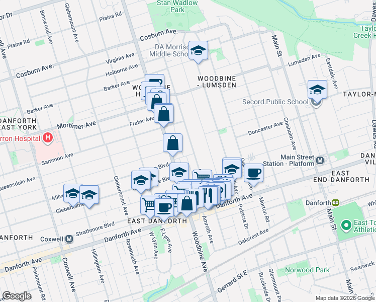 map of restaurants, bars, coffee shops, grocery stores, and more near 202 Cedarvale Avenue in Toronto