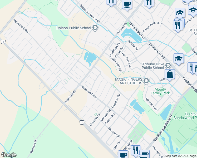 map of restaurants, bars, coffee shops, grocery stores, and more near 51 Merrybrook Trail in Brampton