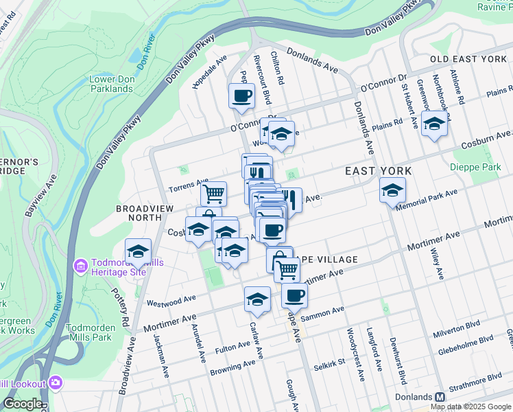 map of restaurants, bars, coffee shops, grocery stores, and more near in Toronto