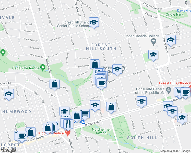 map of restaurants, bars, coffee shops, grocery stores, and more near 464 Spadina Road in Toronto