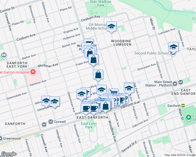 map of restaurants, bars, coffee shops, grocery stores, and more near 1115 Woodbine Avenue in Toronto