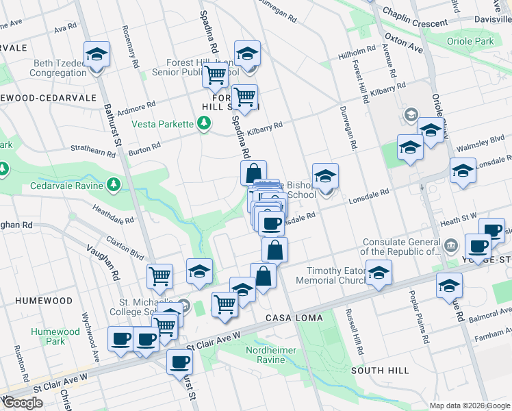 map of restaurants, bars, coffee shops, grocery stores, and more near 464 Spadina Road in Toronto