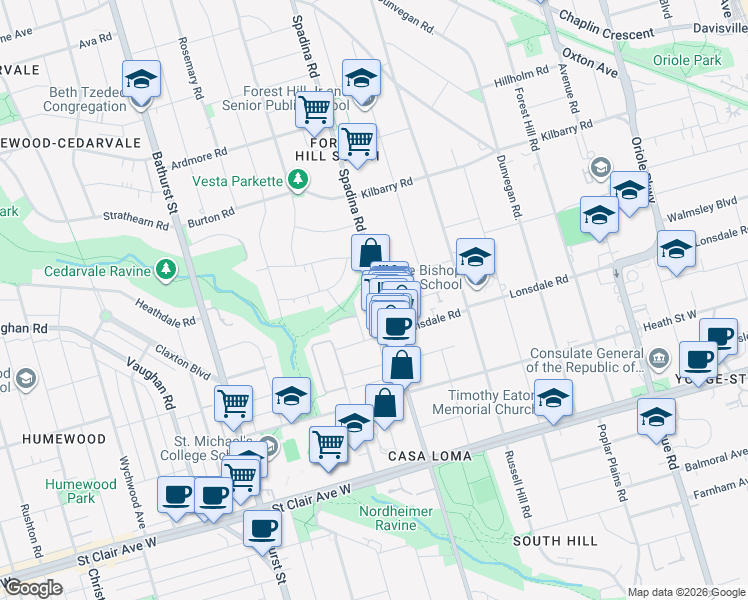 map of restaurants, bars, coffee shops, grocery stores, and more near 464 Spadina Road in Toronto