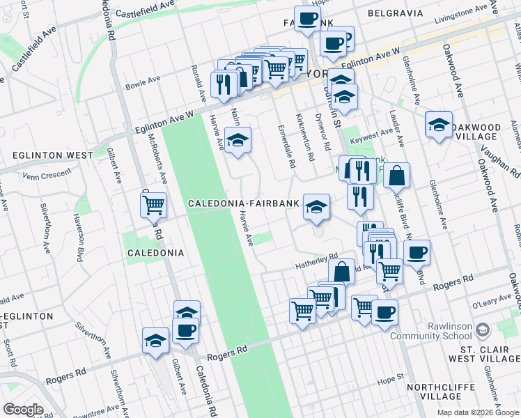 map of restaurants, bars, coffee shops, grocery stores, and more near 400 Nairn Avenue in Toronto