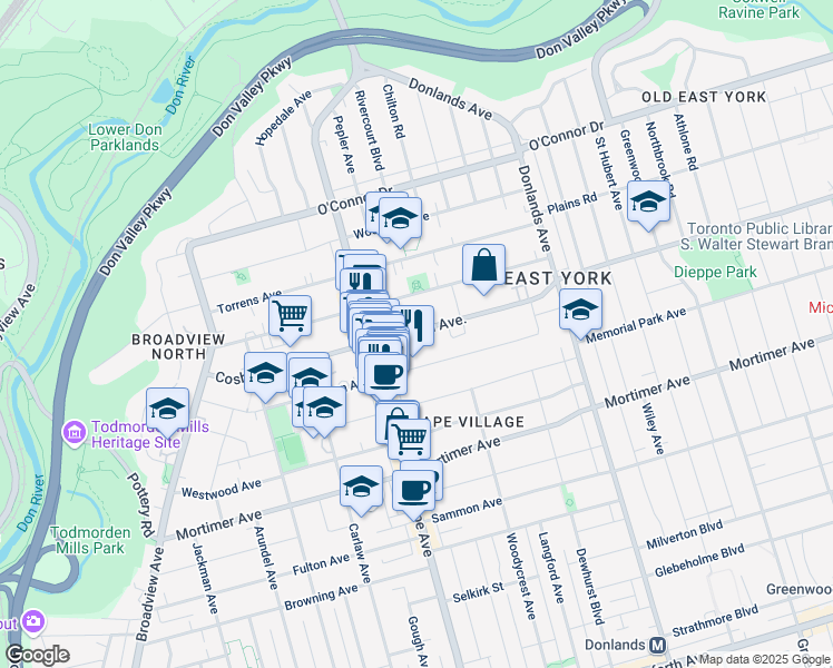map of restaurants, bars, coffee shops, grocery stores, and more near 125 Cosburn Avenue in Toronto