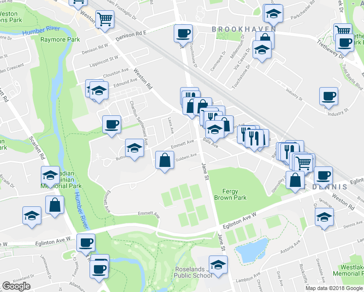 map of restaurants, bars, coffee shops, grocery stores, and more near 19 Emmett Avenue in Toronto