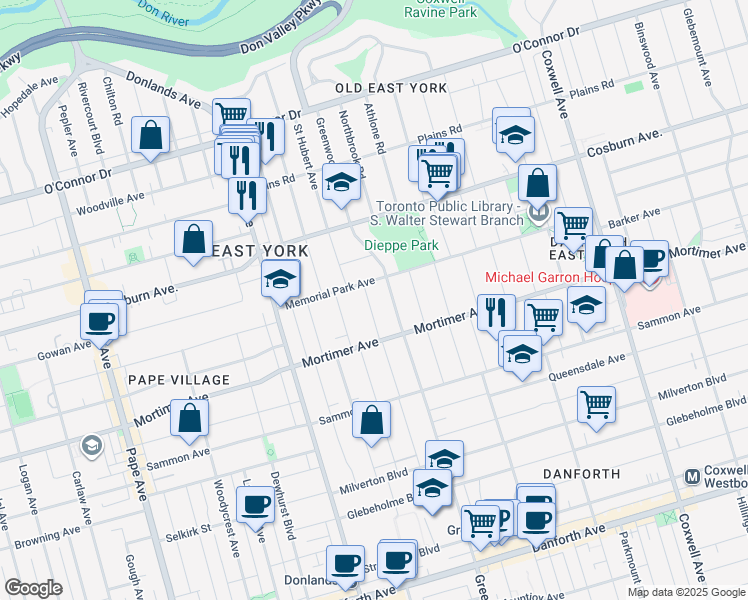 map of restaurants, bars, coffee shops, grocery stores, and more near in Toronto