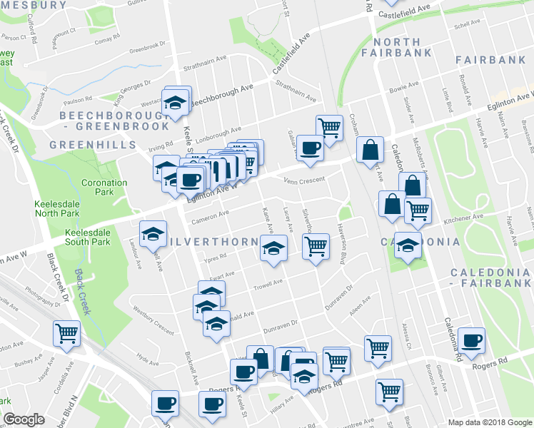 map of restaurants, bars, coffee shops, grocery stores, and more near 354 Kane Avenue in Toronto