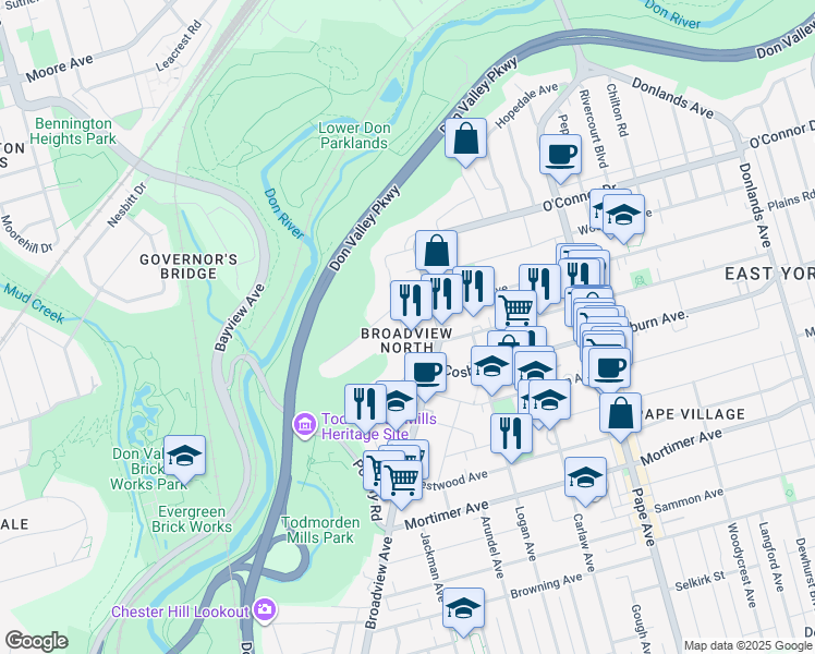 map of restaurants, bars, coffee shops, grocery stores, and more near 65a Hillside Drive in Toronto