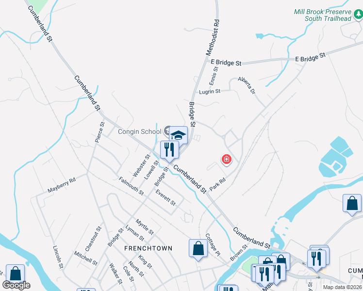 map of restaurants, bars, coffee shops, grocery stores, and more near 429 Bridge Street in Westbrook