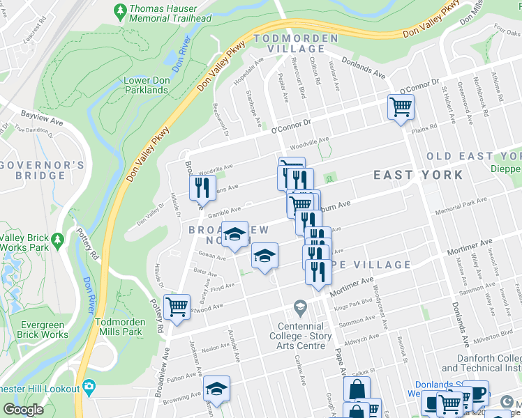 map of restaurants, bars, coffee shops, grocery stores, and more near in Toronto