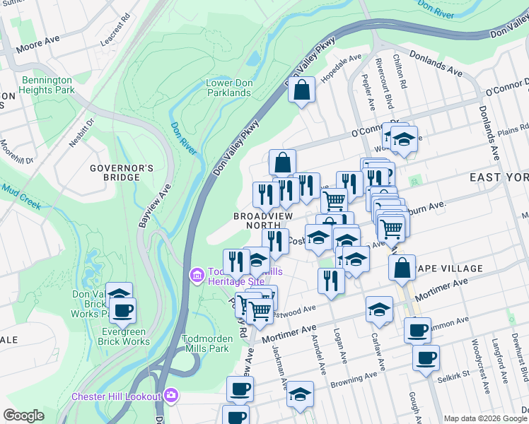 map of restaurants, bars, coffee shops, grocery stores, and more near 66 Hillside Drive in Toronto