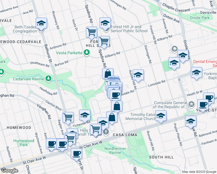 map of restaurants, bars, coffee shops, grocery stores, and more near in Toronto
