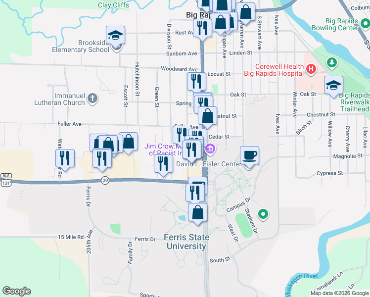 map of restaurants, bars, coffee shops, grocery stores, and more near 810 Clark Street in Big Rapids