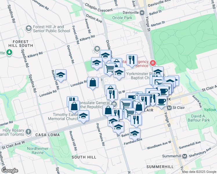 map of restaurants, bars, coffee shops, grocery stores, and more near 609 Avenue Road in Toronto