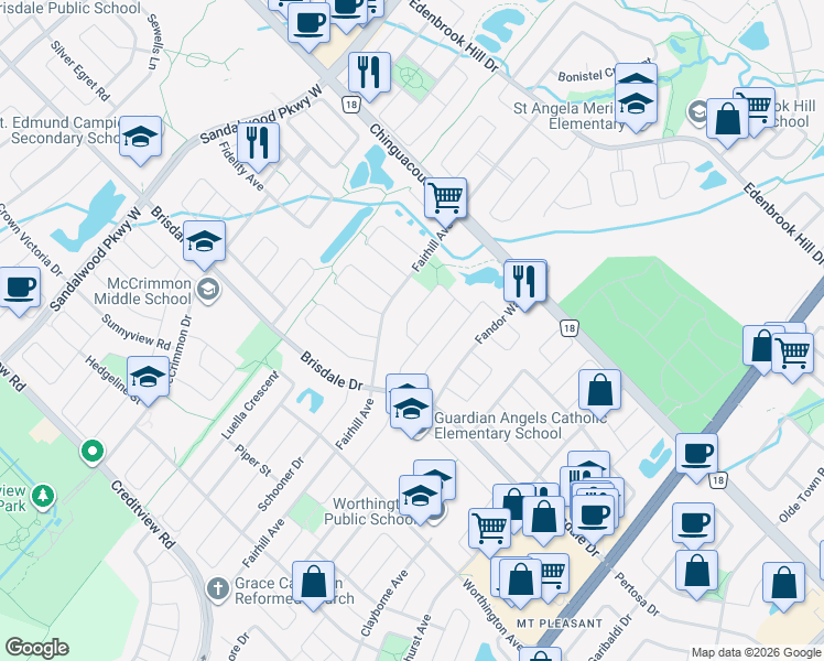 map of restaurants, bars, coffee shops, grocery stores, and more near 5 Maple Beach Crescent in Brampton