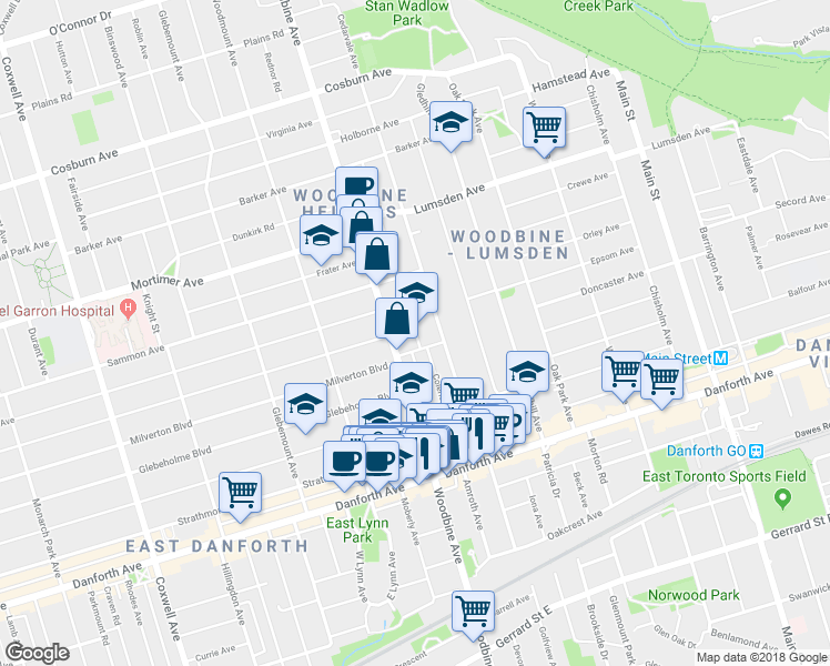 map of restaurants, bars, coffee shops, grocery stores, and more near 93 Coleridge Avenue in Toronto