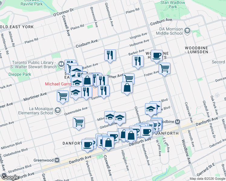 map of restaurants, bars, coffee shops, grocery stores, and more near 686 Sammon Avenue in Toronto