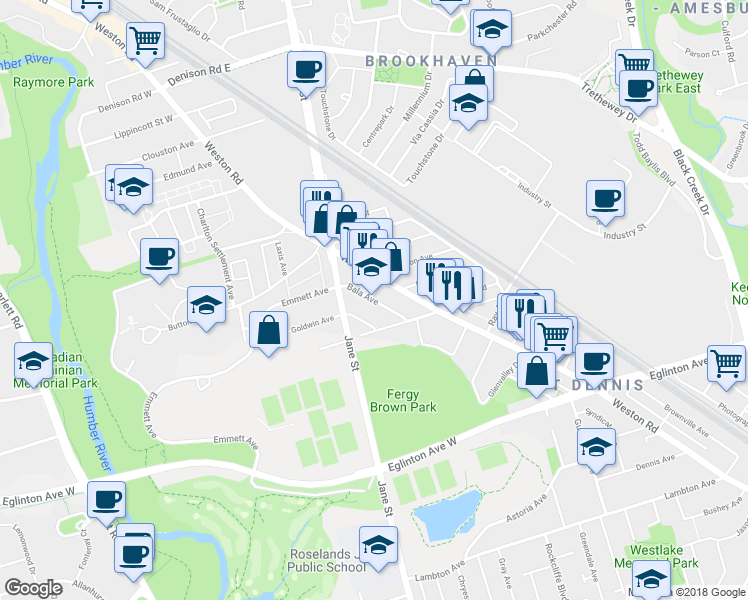 map of restaurants, bars, coffee shops, grocery stores, and more near 59 Bala Avenue in Toronto