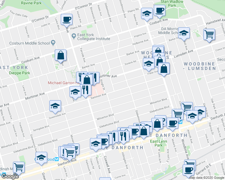 map of restaurants, bars, coffee shops, grocery stores, and more near 686 Sammon Avenue in Toronto