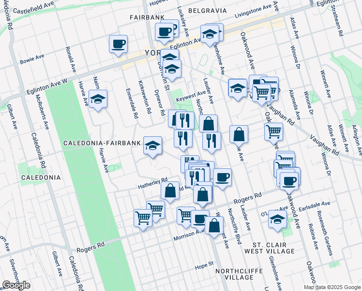 map of restaurants, bars, coffee shops, grocery stores, and more near in Toronto