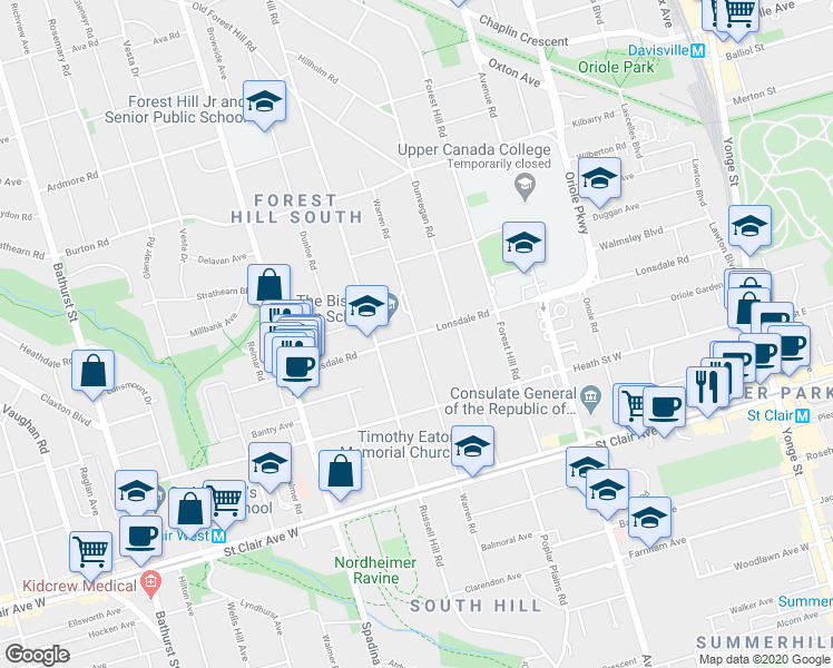map of restaurants, bars, coffee shops, grocery stores, and more near Lonsdale Road in Toronto