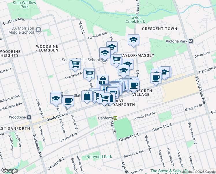 map of restaurants, bars, coffee shops, grocery stores, and more near 34 Barrington Avenue in Toronto