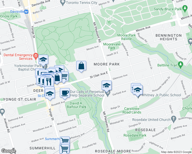 map of restaurants, bars, coffee shops, grocery stores, and more near 179 Saint Clair Avenue East in Toronto