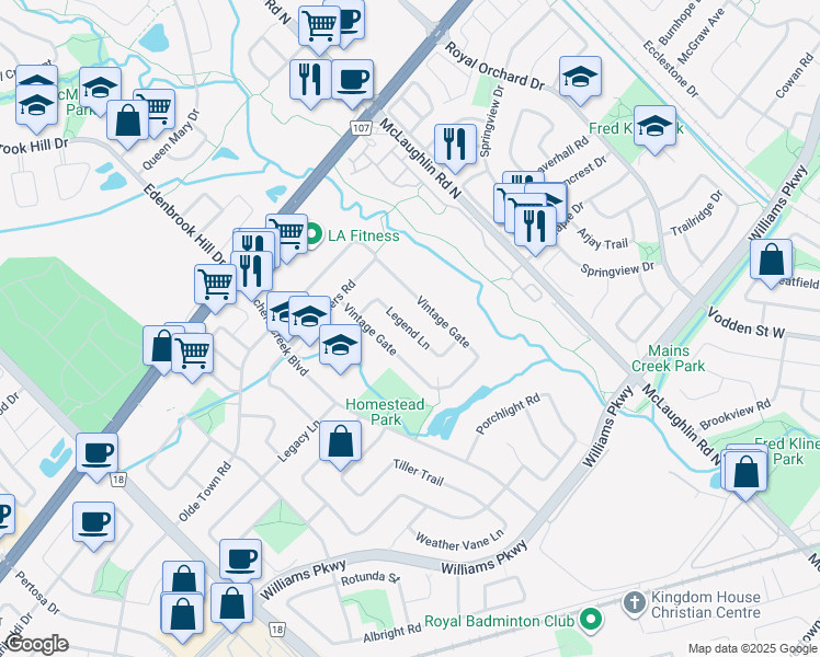 map of restaurants, bars, coffee shops, grocery stores, and more near Legend Lane in Brampton