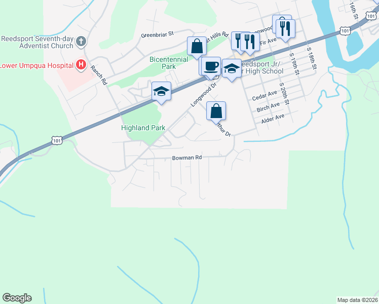 map of restaurants, bars, coffee shops, grocery stores, and more near 2620 Gardens Avenue in Reedsport