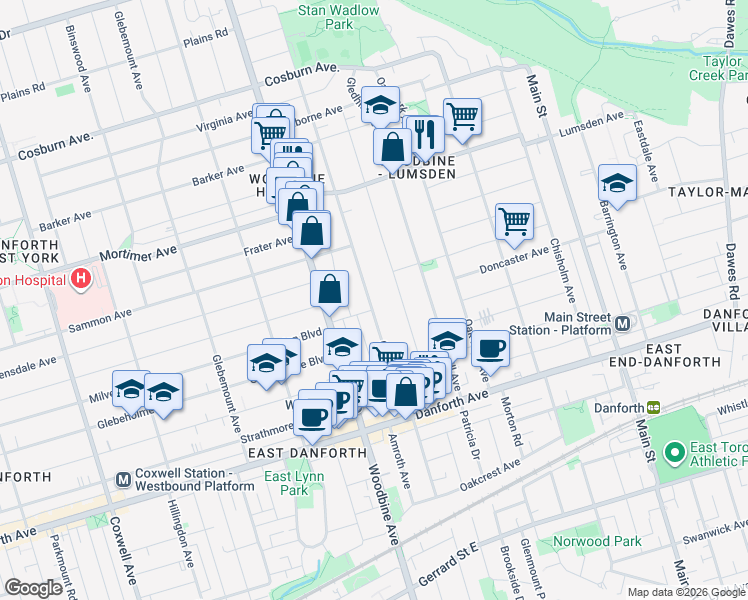 map of restaurants, bars, coffee shops, grocery stores, and more near 205 Cedarvale Avenue in Toronto