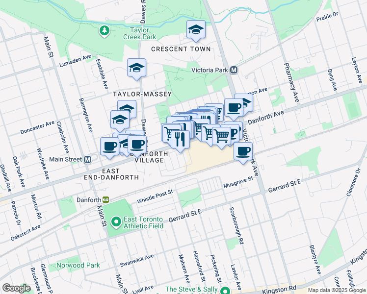 map of restaurants, bars, coffee shops, grocery stores, and more near in Toronto
