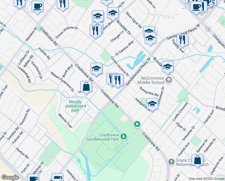 map of restaurants, bars, coffee shops, grocery stores, and more near 10635 Creditview Road in Brampton