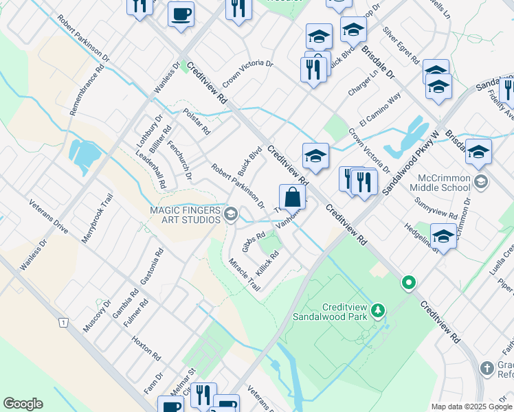 map of restaurants, bars, coffee shops, grocery stores, and more near 70 Robert Parkinson Drive in Brampton