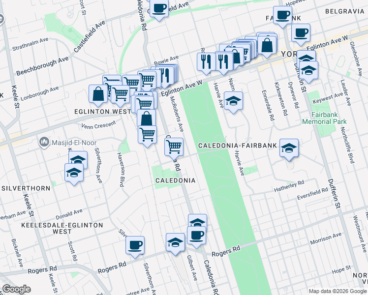 map of restaurants, bars, coffee shops, grocery stores, and more near 538 McRoberts Avenue in Toronto