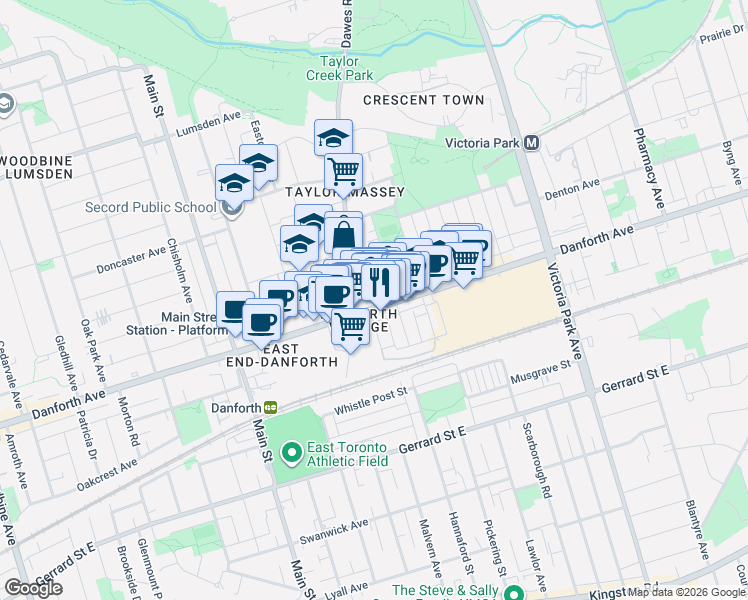 map of restaurants, bars, coffee shops, grocery stores, and more near 2820 Danforth Avenue in Toronto