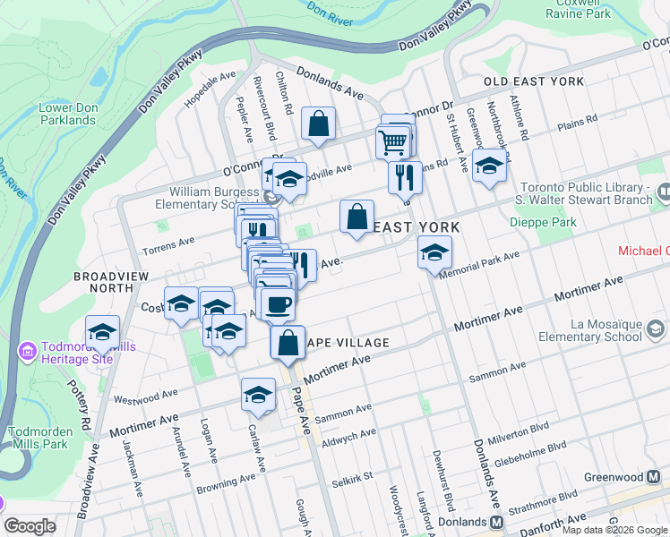 map of restaurants, bars, coffee shops, grocery stores, and more near 165 Cosburn Avenue in Toronto