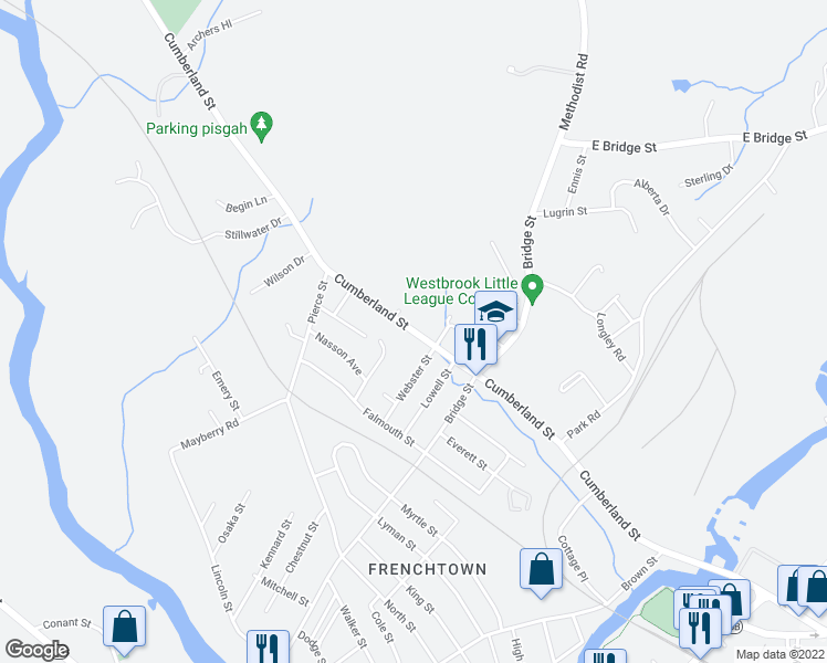 map of restaurants, bars, coffee shops, grocery stores, and more near 396 Cumberland Street in Westbrook