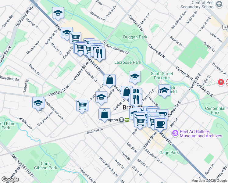 map of restaurants, bars, coffee shops, grocery stores, and more near 230 Main Street North in Brampton