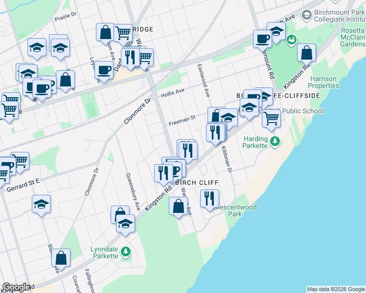 map of restaurants, bars, coffee shops, grocery stores, and more near 73 Dunington Drive in Toronto