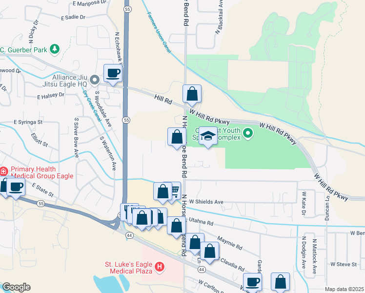 map of restaurants, bars, coffee shops, grocery stores, and more near 9049 North Horseshoe Bend Road in Eagle