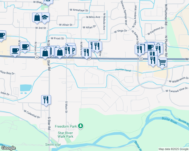 map of restaurants, bars, coffee shops, grocery stores, and more near 10581 West Achillea Street in Star