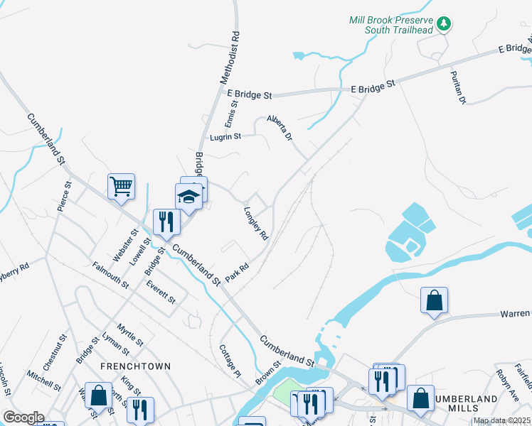 map of restaurants, bars, coffee shops, grocery stores, and more near 160 Park Road in Westbrook