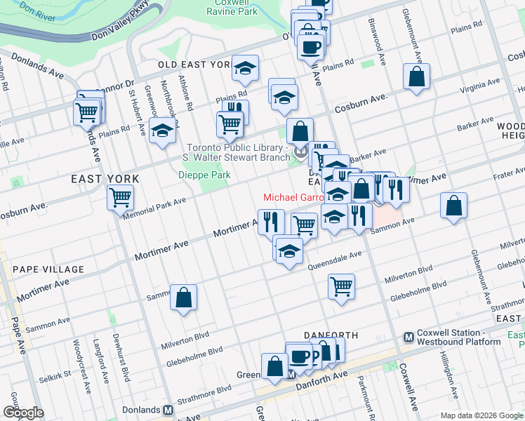 map of restaurants, bars, coffee shops, grocery stores, and more near 470 Mortimer Avenue in Toronto