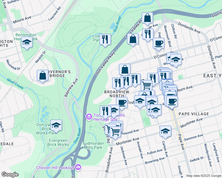 map of restaurants, bars, coffee shops, grocery stores, and more near in Toronto