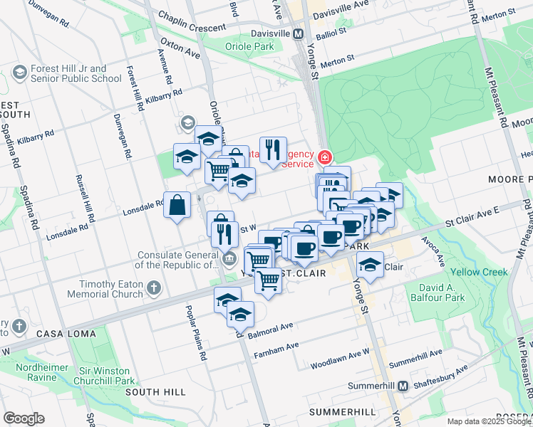 map of restaurants, bars, coffee shops, grocery stores, and more near 57 Oriole Gardens in Toronto
