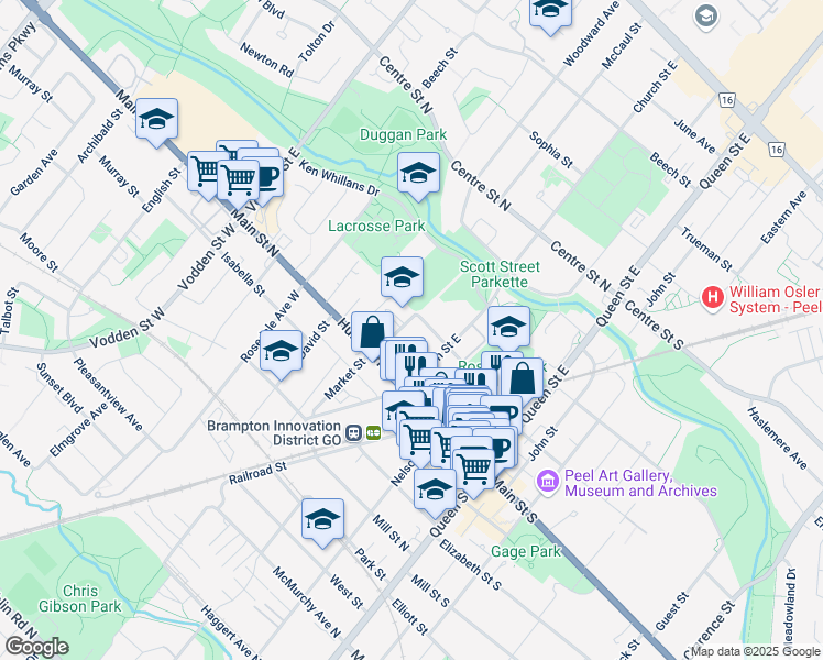 map of restaurants, bars, coffee shops, grocery stores, and more near 64 Union Street in Brampton
