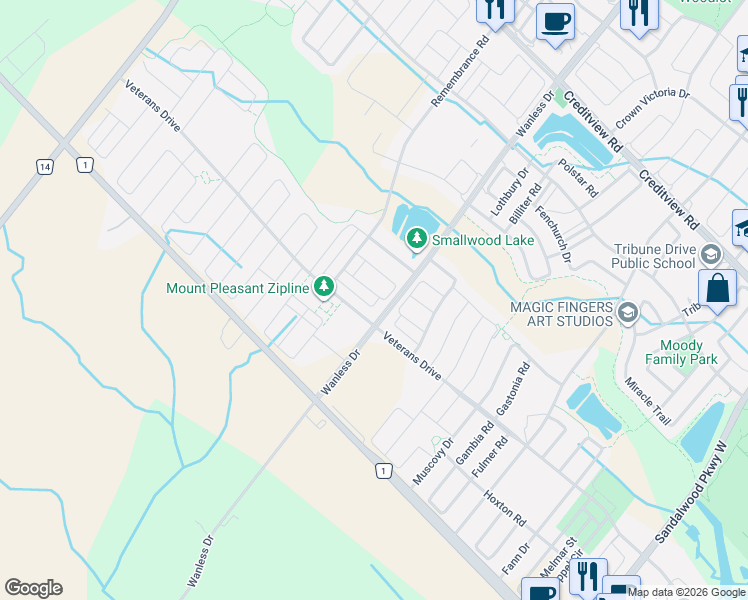 map of restaurants, bars, coffee shops, grocery stores, and more near 66 Pearman Crescent in Brampton