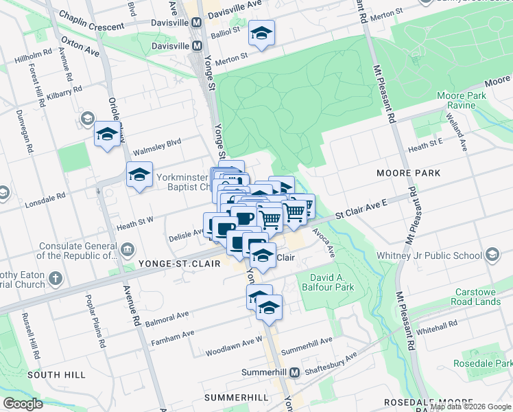 map of restaurants, bars, coffee shops, grocery stores, and more near Alvin Avenue in Toronto